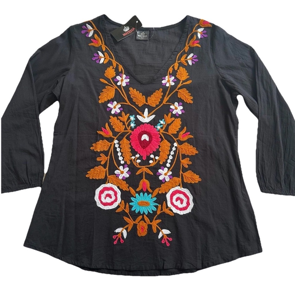 MATEHA Mexican Embroidered Boho Peasant Blouse Top-L-Floral Festival 100% Cotton